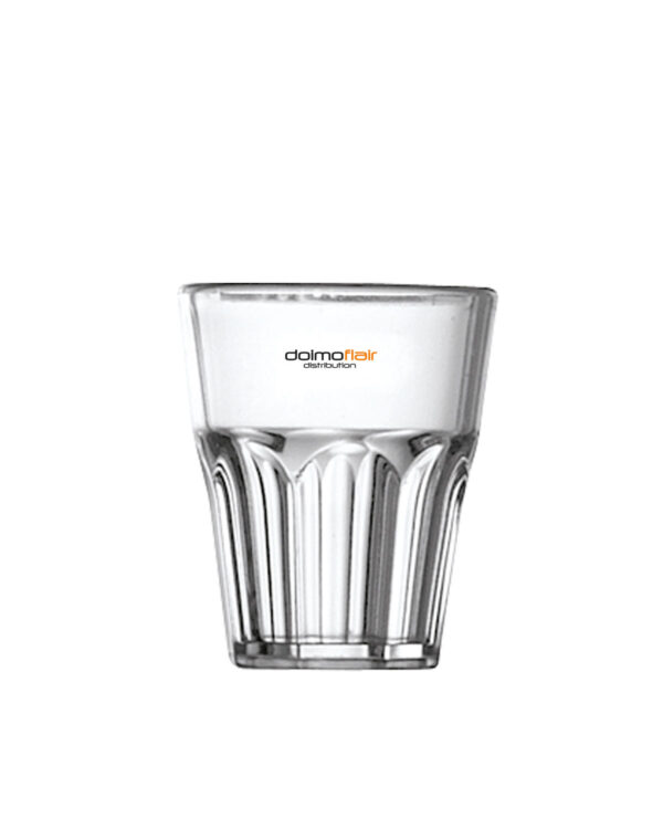 Customizable shot glasses with texts and Shot SAN 40cc logo. -Transparent unbreakable plastic
