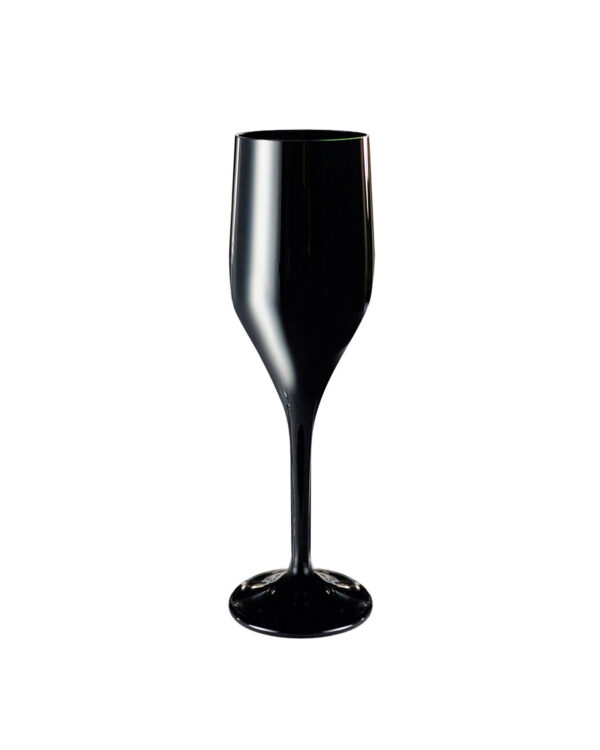 Champagne flute glass in brilliant black plastic for tasting with brand  printed
